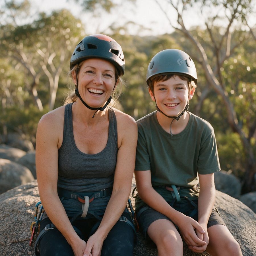 Placeholder photo: a mum and her teenage son in helmets sitting on a granite boulder.