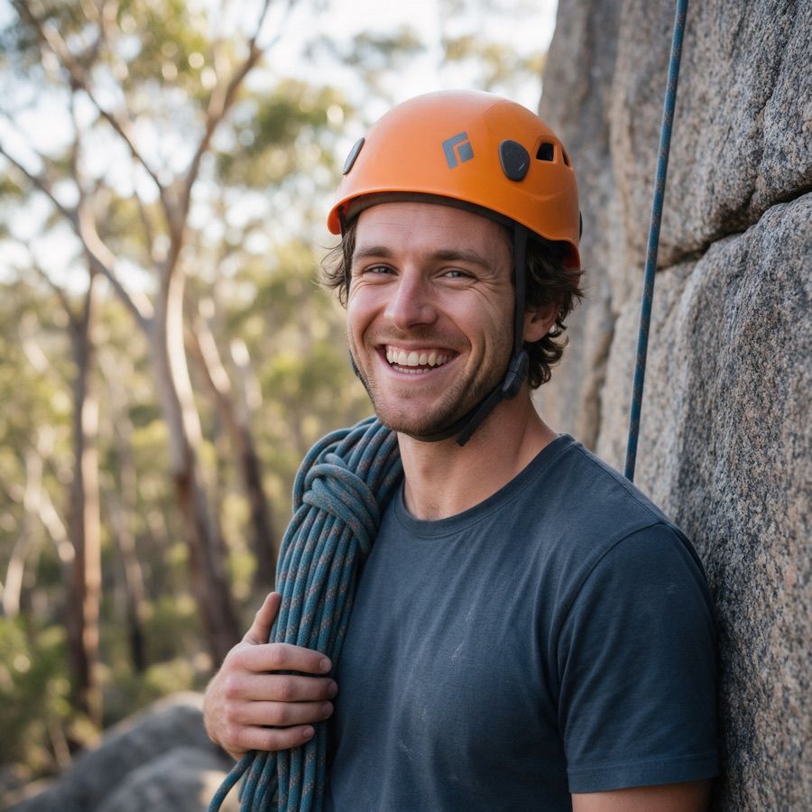 Placeholder photo: a man in his late twenties in an orange helmet with a coiled rope.